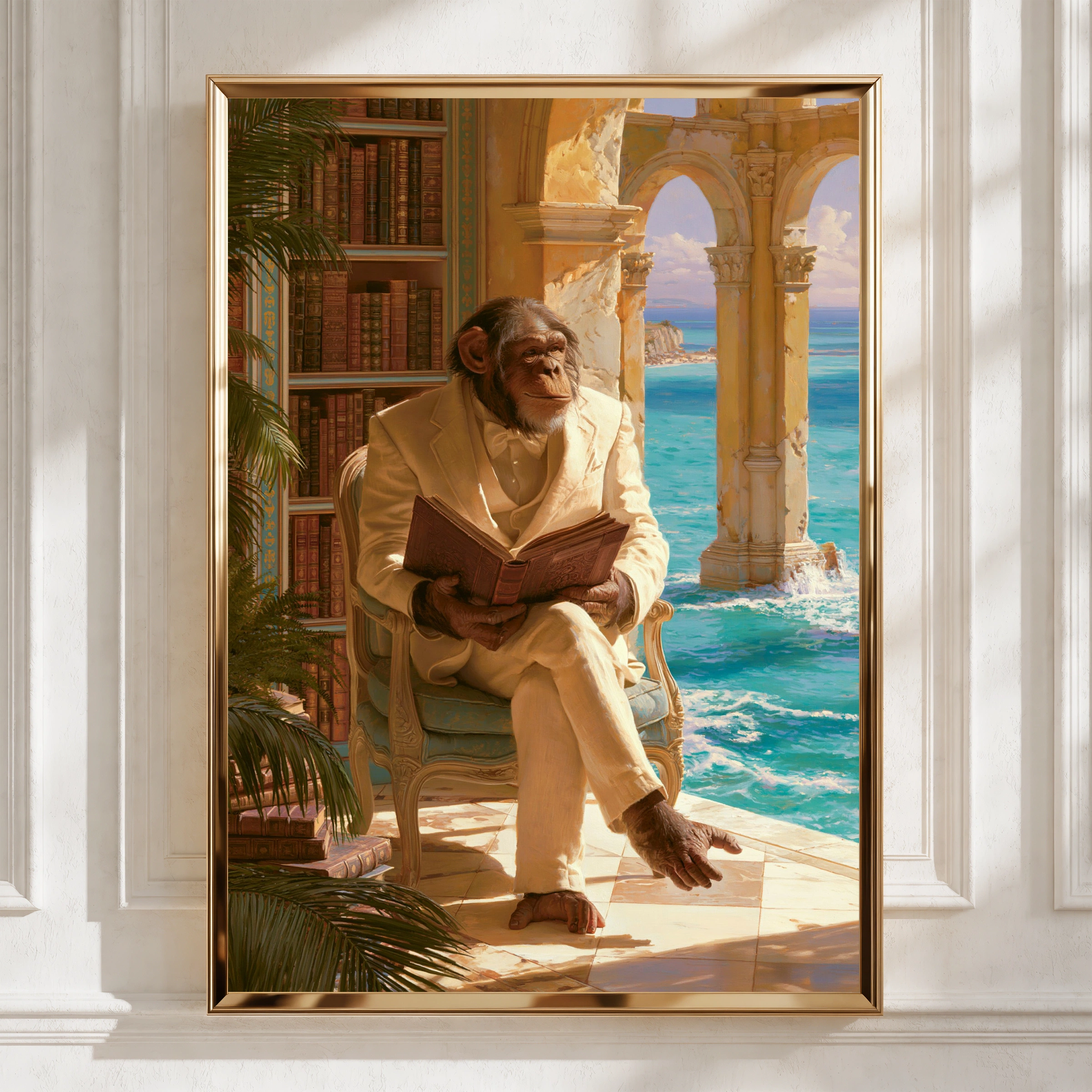 Chimpanzee Reading Book Poster, Monkey in Suit Art Print, Classical Style
