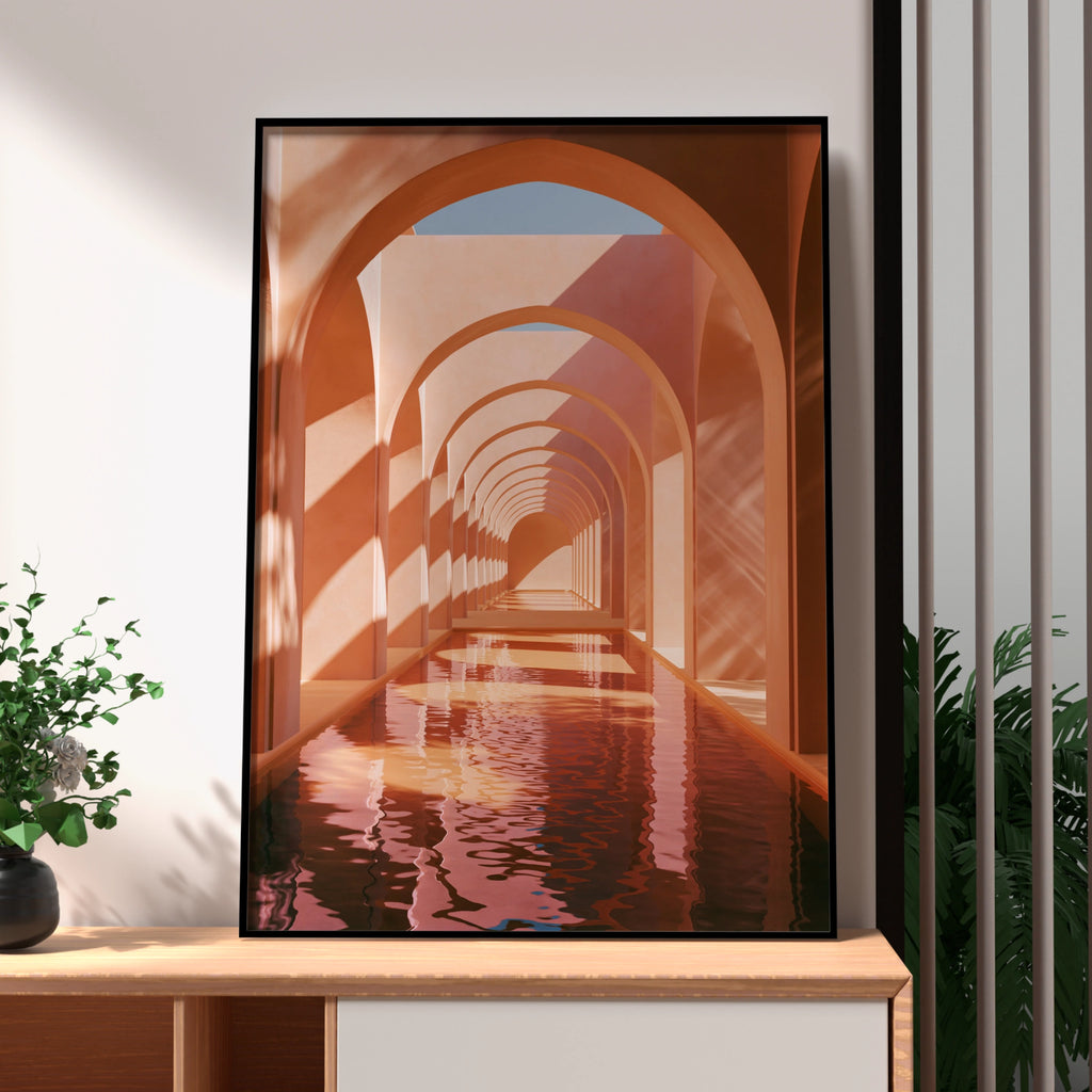 Terracotta Arch Corridor Poster, Moroccan Architecture Wall Art, Modern Print