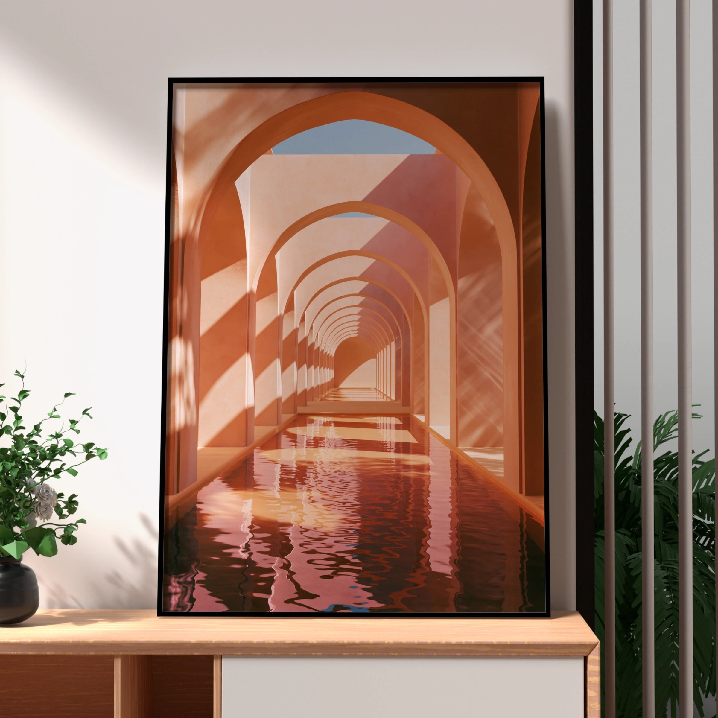 Terracotta Arch Corridor Poster, Moroccan Architecture Wall Art, Modern Print
