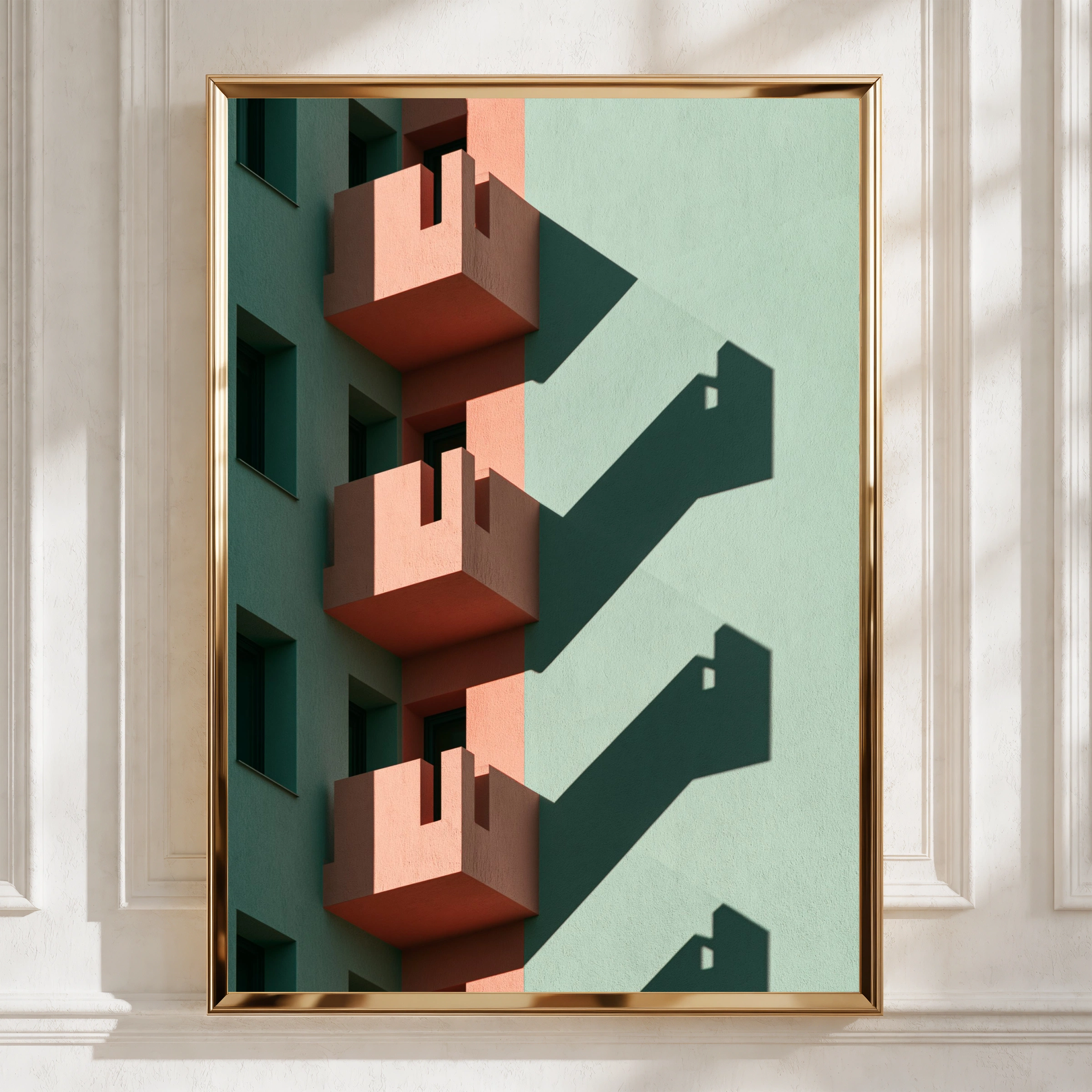 Architecture Balcony Shadow Poster, Pink Green Geometric Building Print, Minimalist