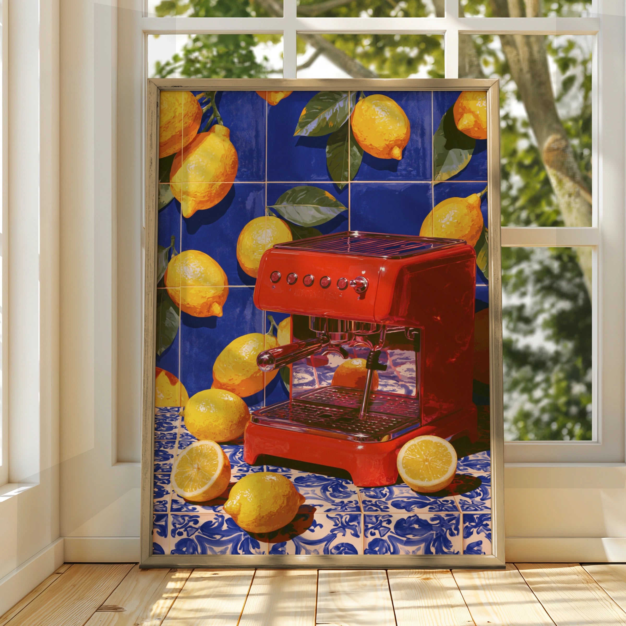 Red Espresso Machine Lemon Tiles Wall Art Poster, Mediterranean Kitchen Print