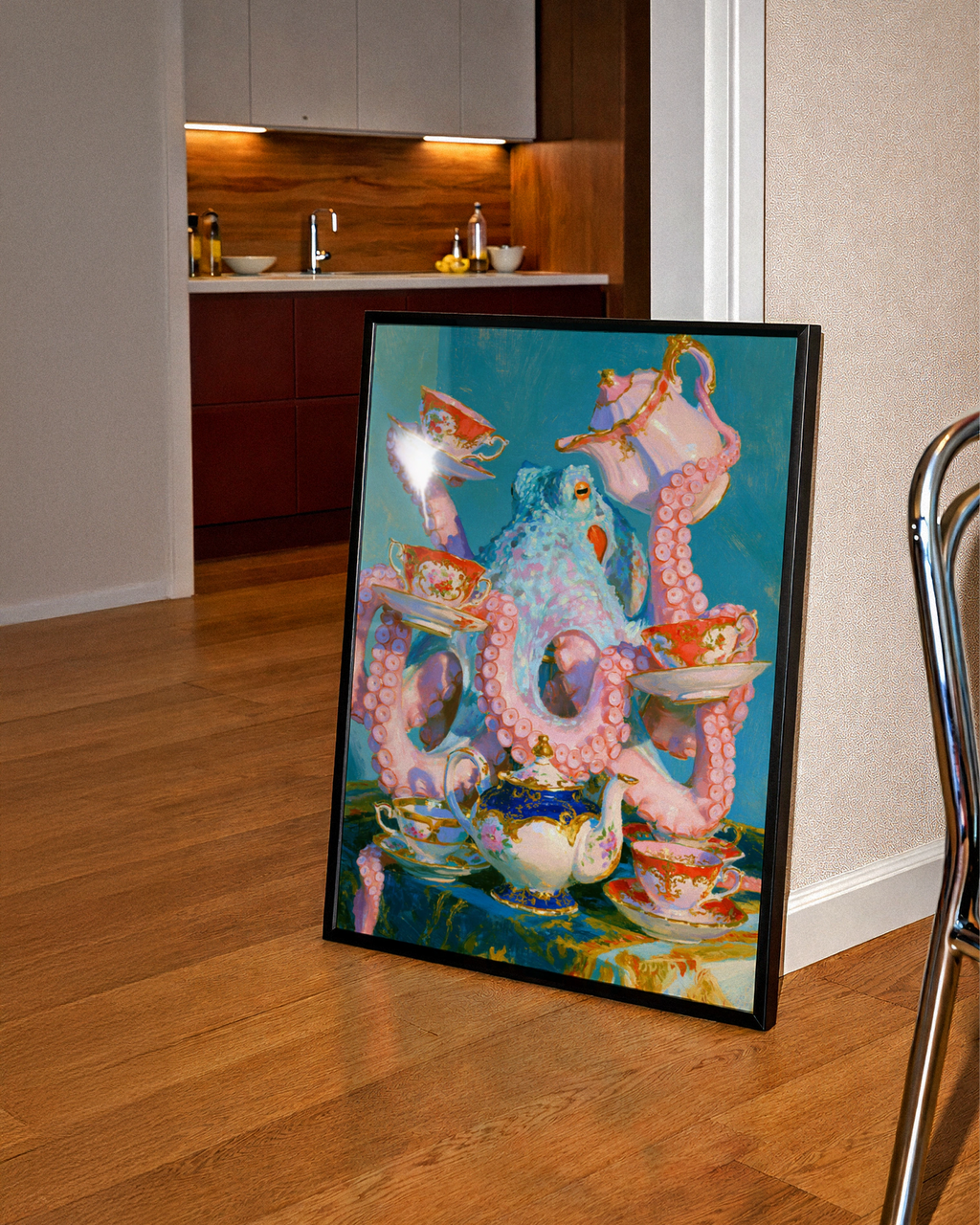 Octopus Tea Party Poster, Whimsical Animal Wall Art, Colourful Still Life Print