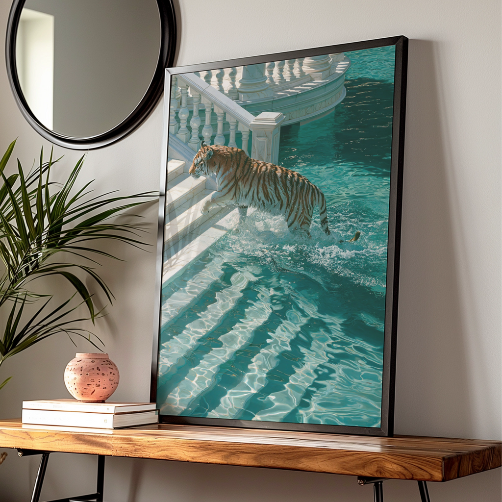 Tiger Leaping into Water, Villa Pool Wall Art Poster, Surreal Style