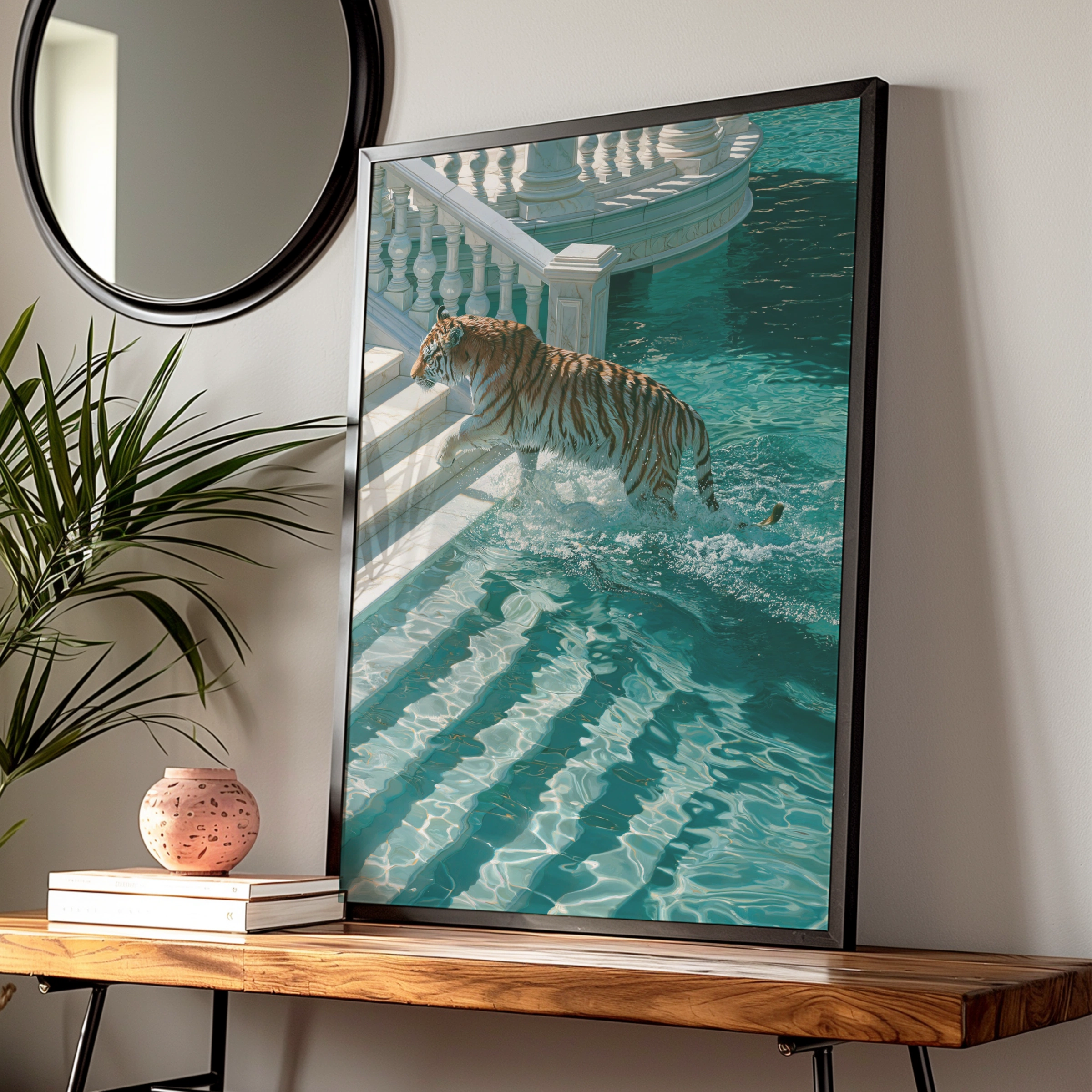 Tiger Leaping into Water, Villa Pool Wall Art Poster, Surreal Style