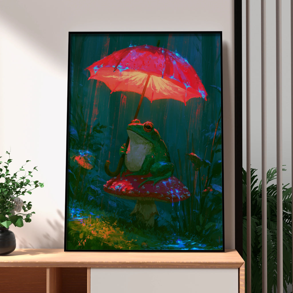 Frog on Mushroom with Umbrella Wall Art Poster, Whimsical Forest Print