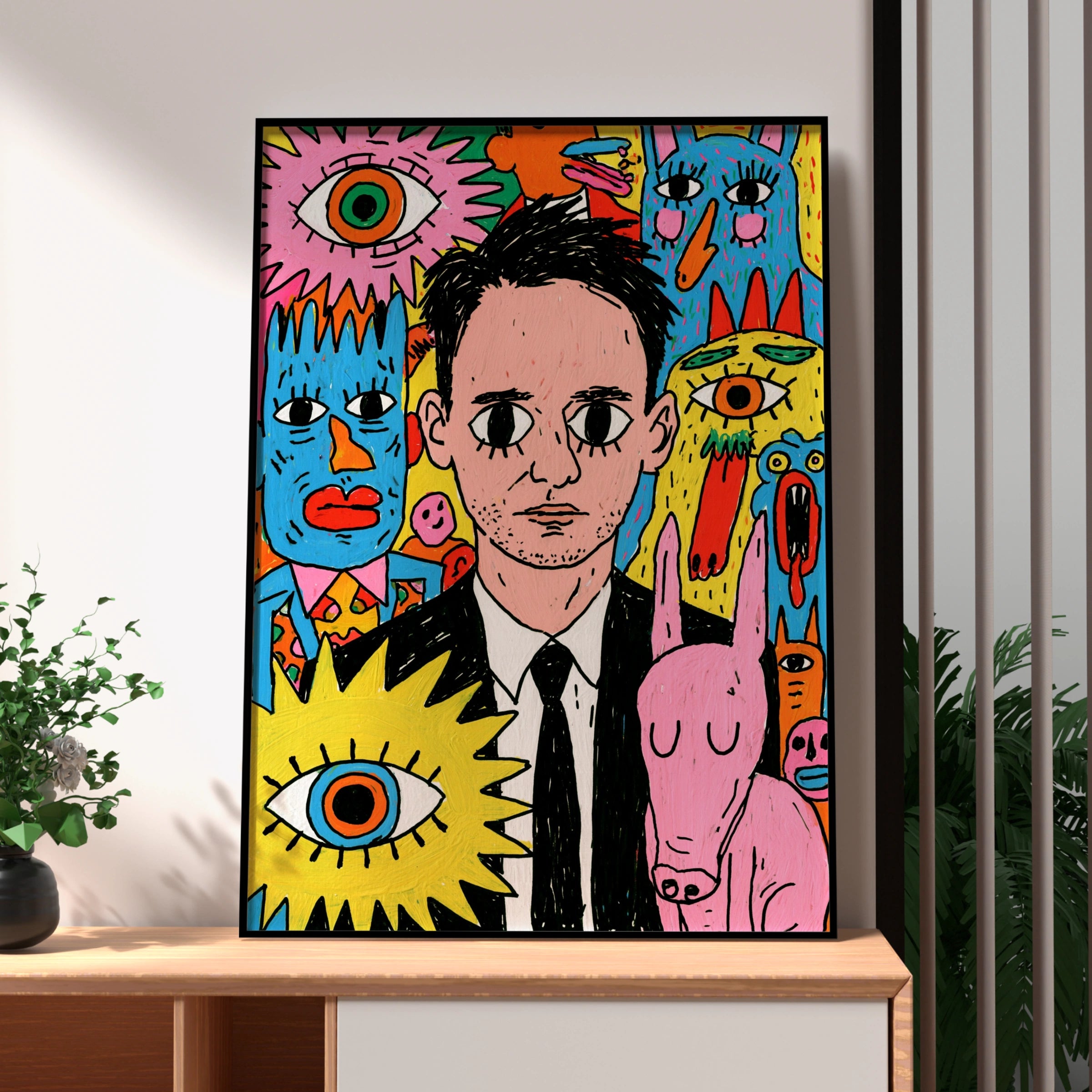 Psychedelic Portrait Drawing Poster, Surreal Monsters, Bold Colourful Wall Art