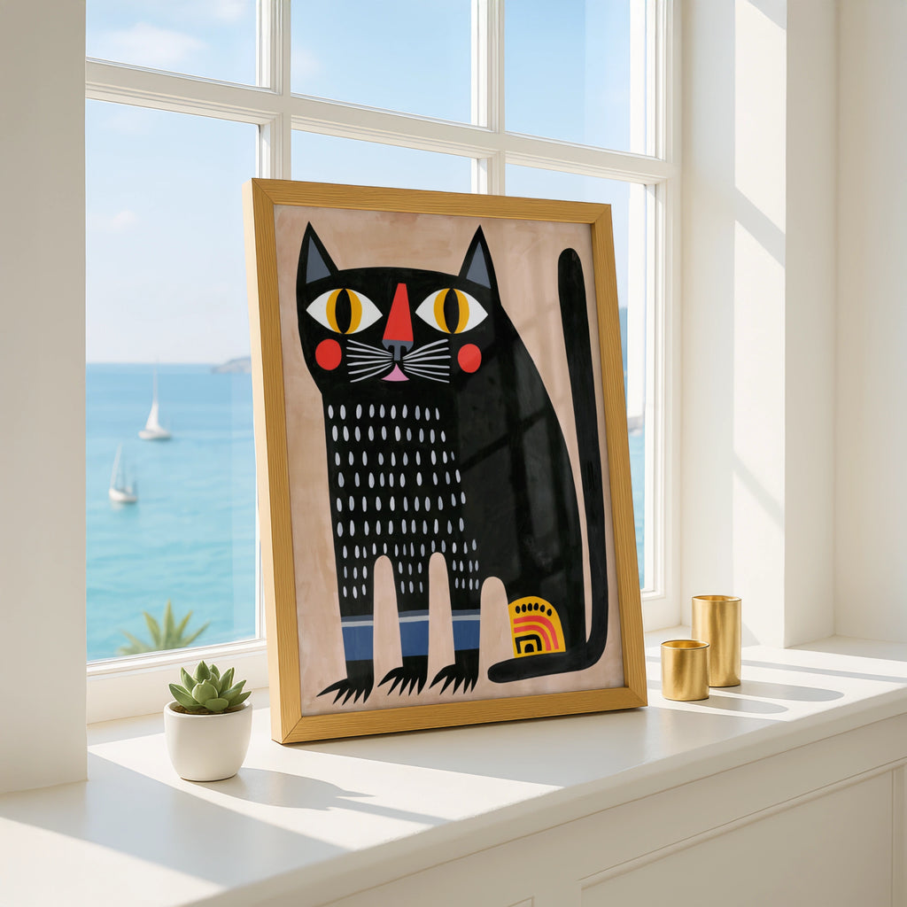 Abstract Black Cat Poster, Bold Folk Art Print, Colourful Modern Wall Art