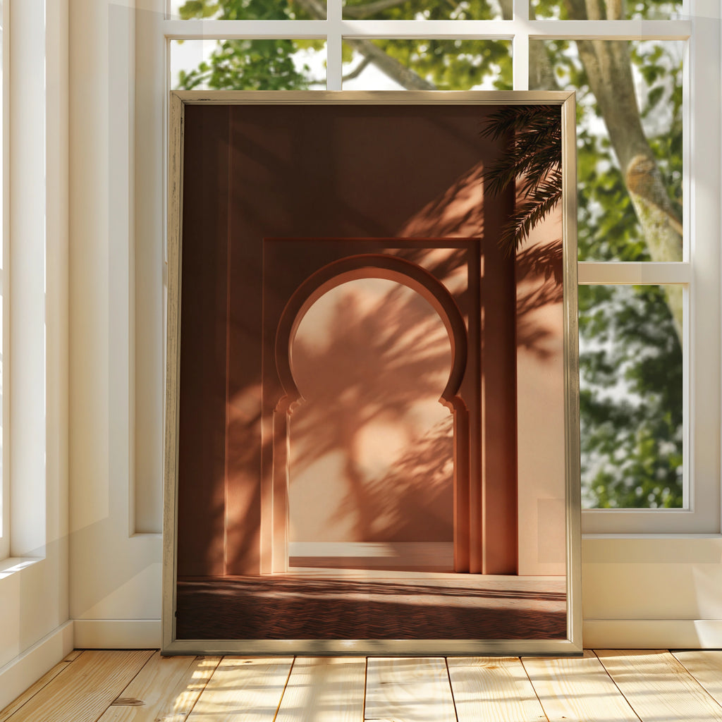 Moroccan Arch Palm Shadow Wall Art Poster, Terracotta Boho Print