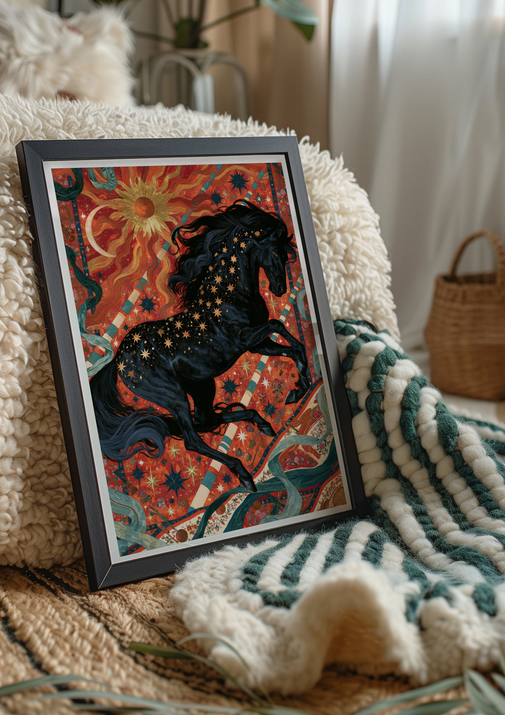 Celestial Black Horse Poster, Mystical Sun Moon Wall Art, Maximalist Print