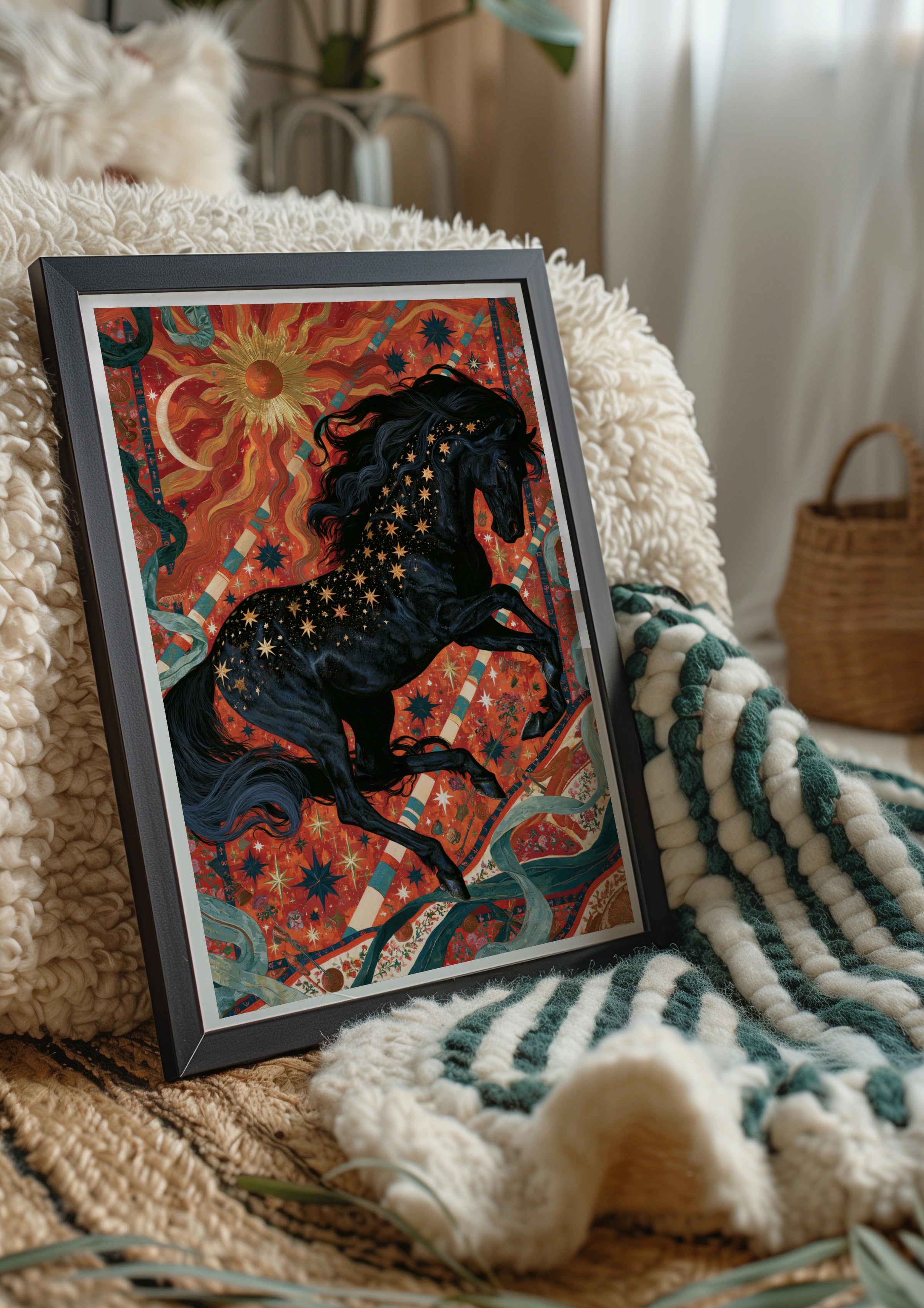 Celestial Black Horse Poster, Mystical Sun Moon Wall Art, Maximalist Print