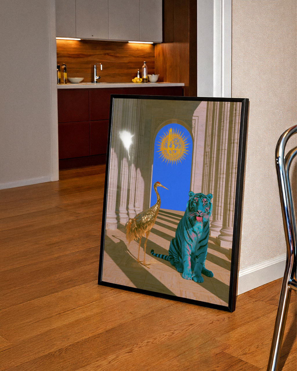 Blue Tiger Gold Crane Temple Poster, Surreal Animal Wall Art, Bold Maximalist Print