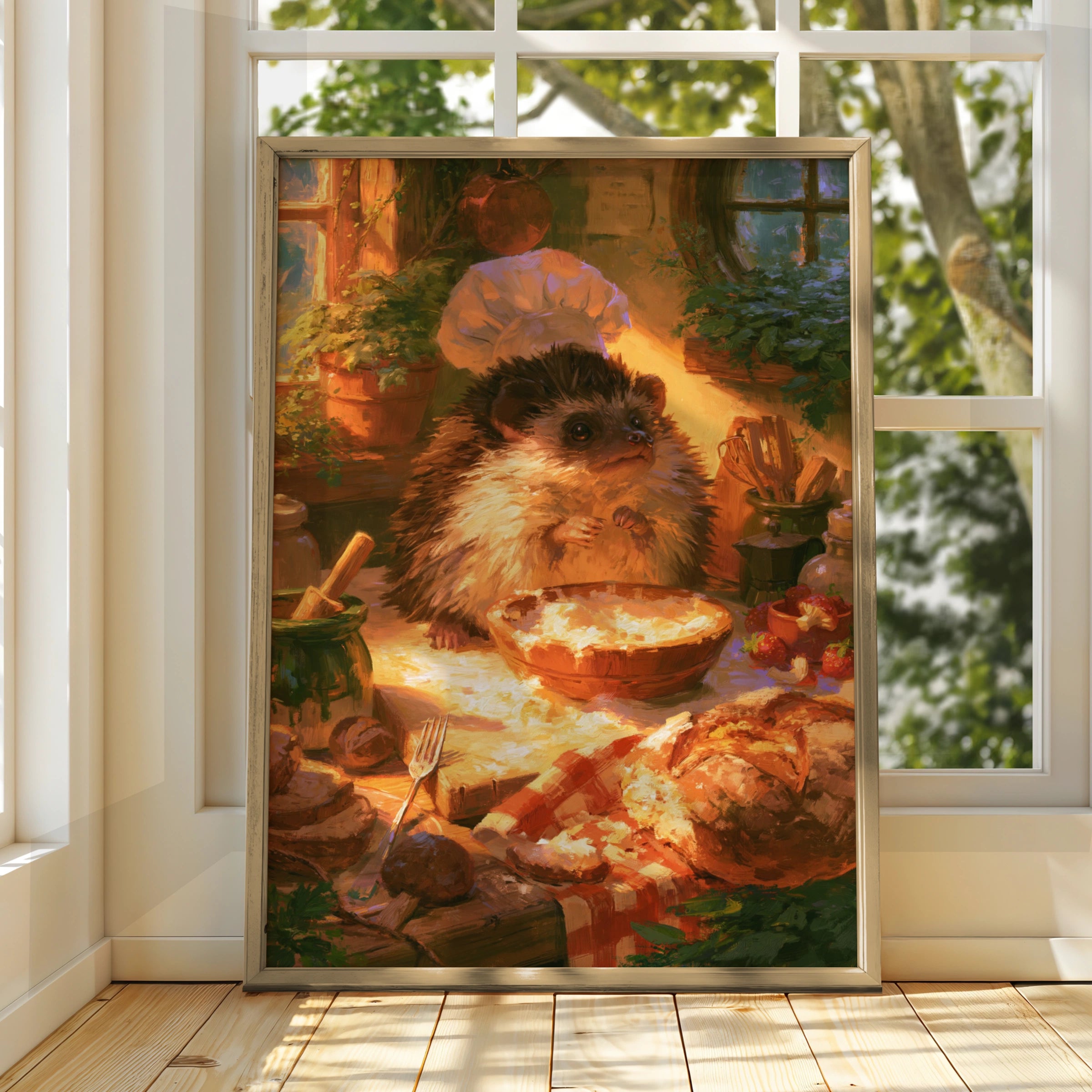 Hedgehog Bakery Kitchen Poster, Cute Animal Chef Art Print, Cosy Cottagecore