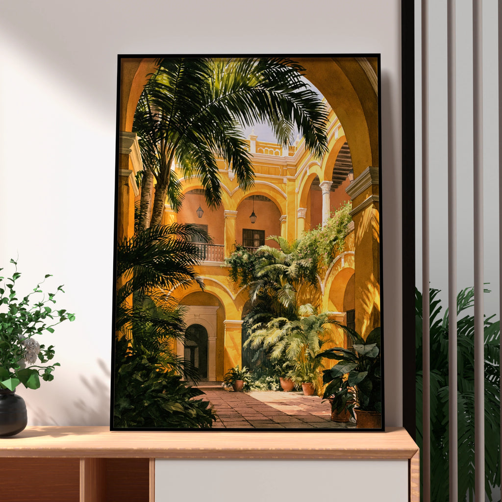 Spanish Courtyard Poster, Yellow Ethnic Architecture Print, Tropical Arches Wall Art