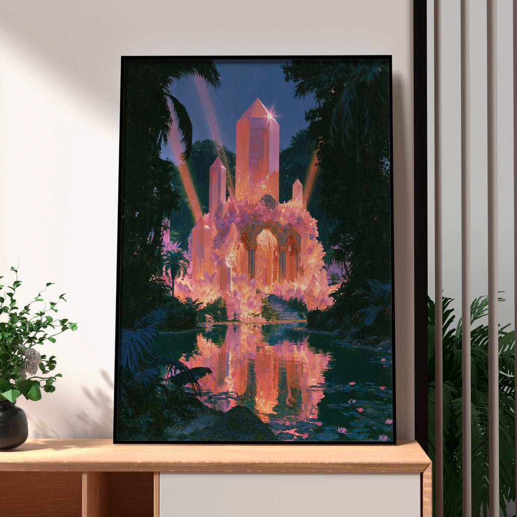 Crystal Temple Jungle Poster, Mystical Fantasy Art Print, Pink Glowing