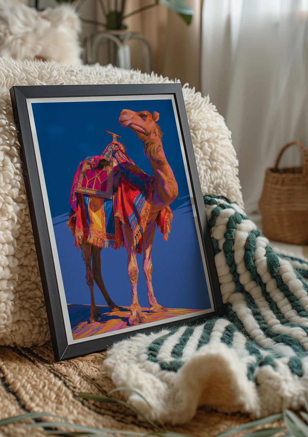 Camel Wall Art Poster, Colourful Desert Animal Print, Bold Blue Pop Art Style