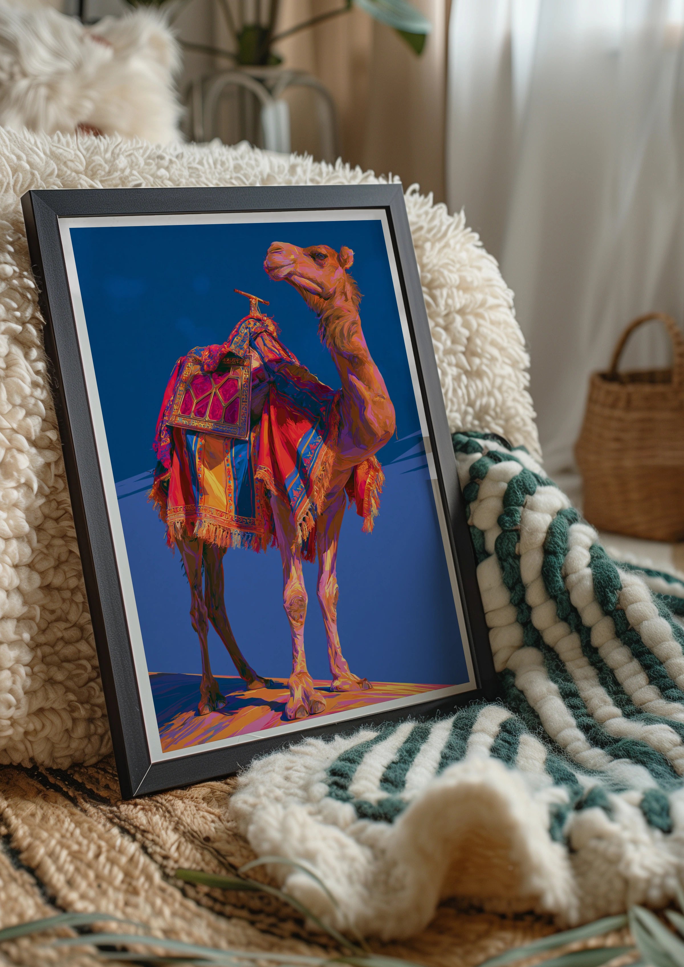 Camel Wall Art Poster, Colourful Desert Animal Print, Bold Blue Pop Art Style