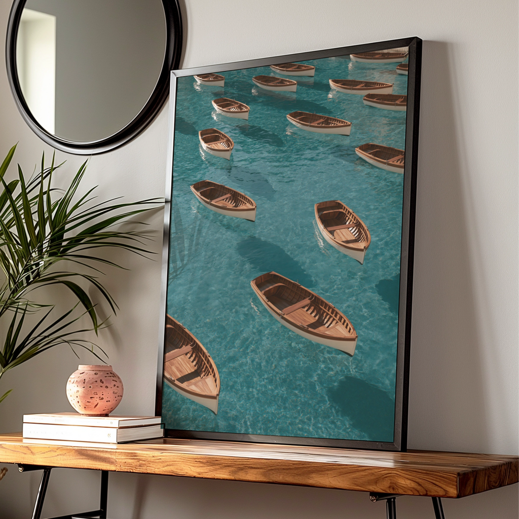 Wooden Rowing Boats Pattern Poster, Turquoise Ocean Wall Art Print