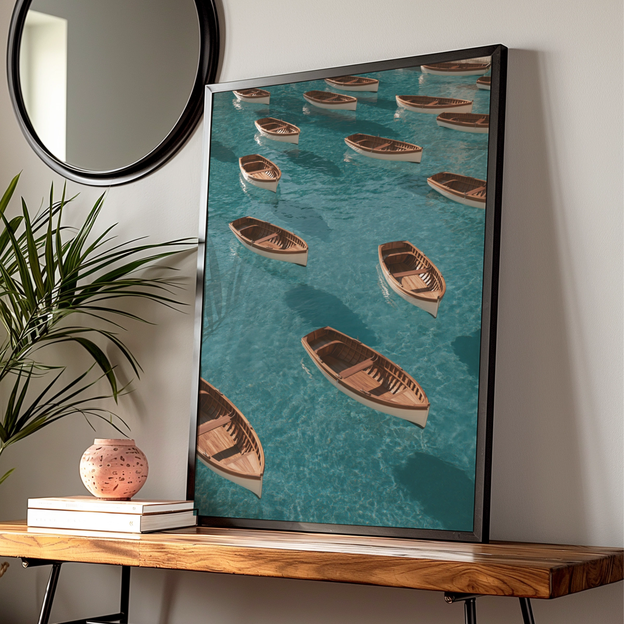 Wooden Rowing Boats Pattern Poster, Turquoise Ocean Wall Art Print