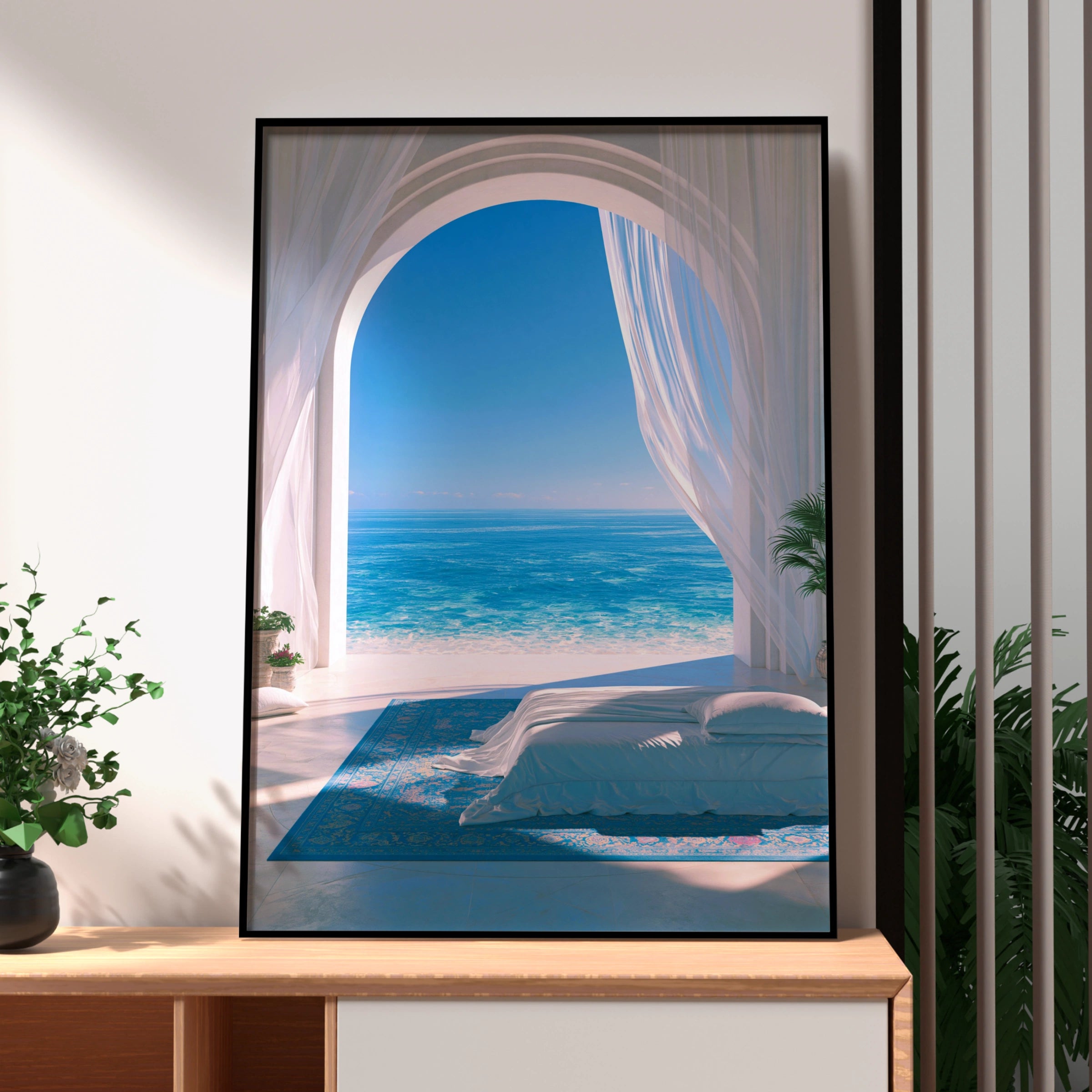 Sea View Bedroom Arch Curtain Poster, Mediterranean Ocean Wall Art Print