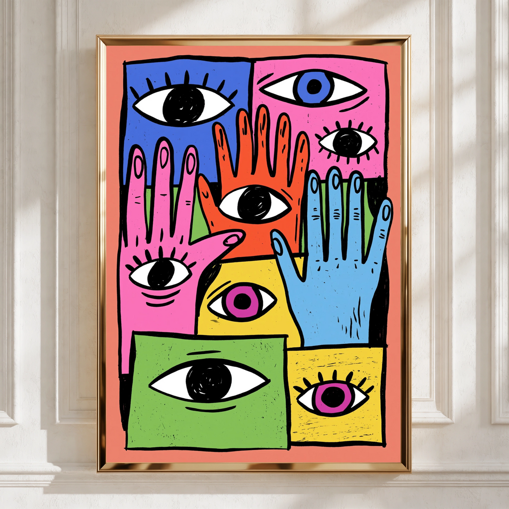 Hands and Eyes Wall Art Poster, Bold Colourful Maximalist Print