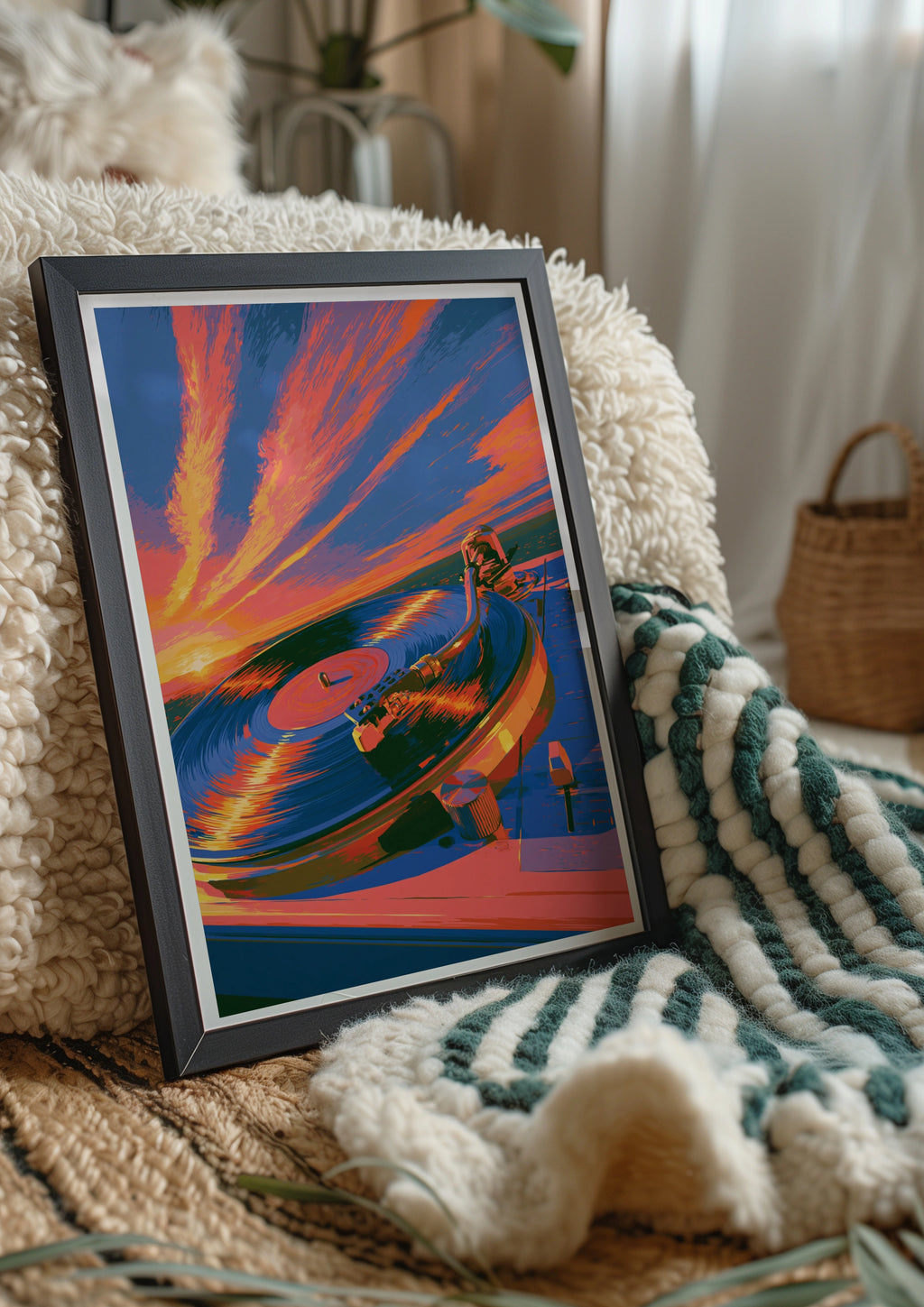 Record Player Sunset Poster, Vinyl Turntable Wall Art, Retro Music Print