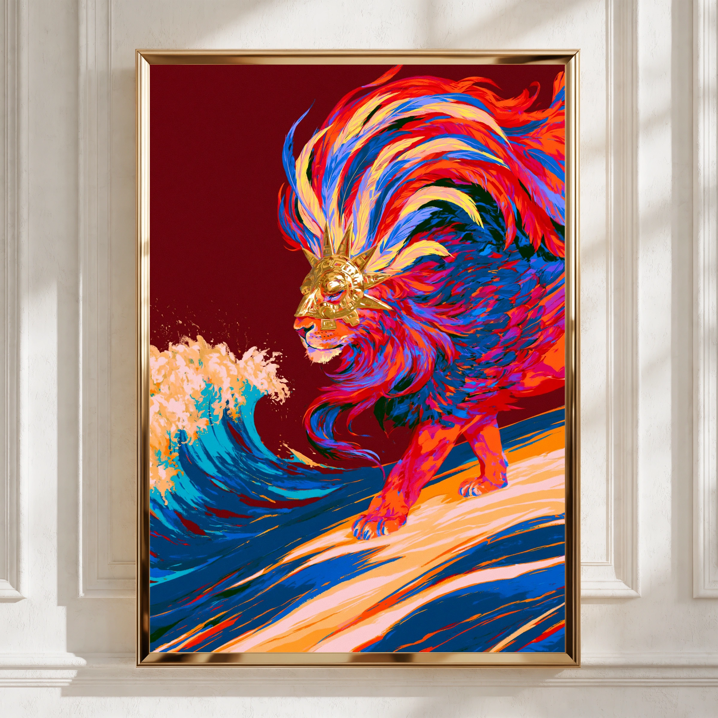 Divine Lion God Poster, Mythical Beast Wave Art, Bold Colourful Print