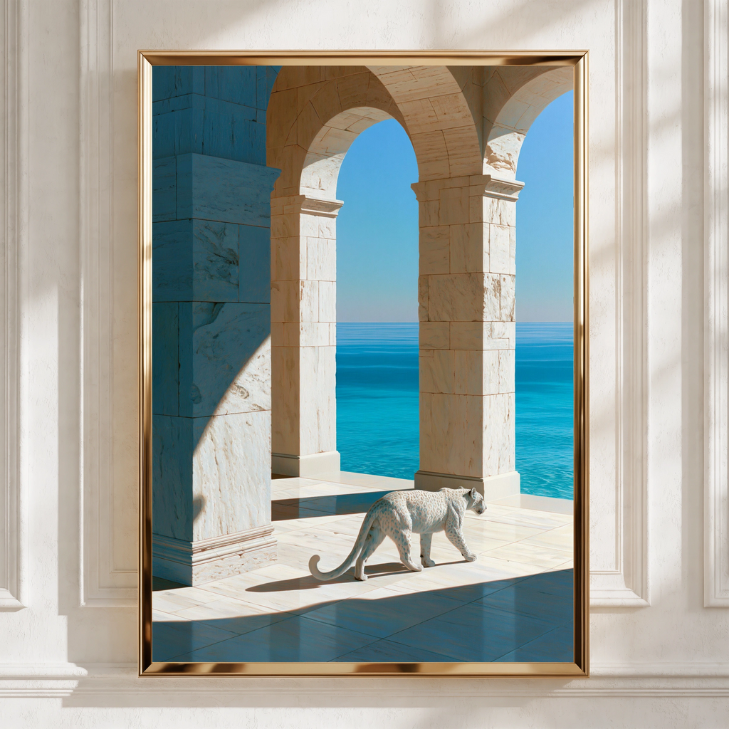 White Leopard Marble Arches Sea View Poster, Surreal Animal Art Print