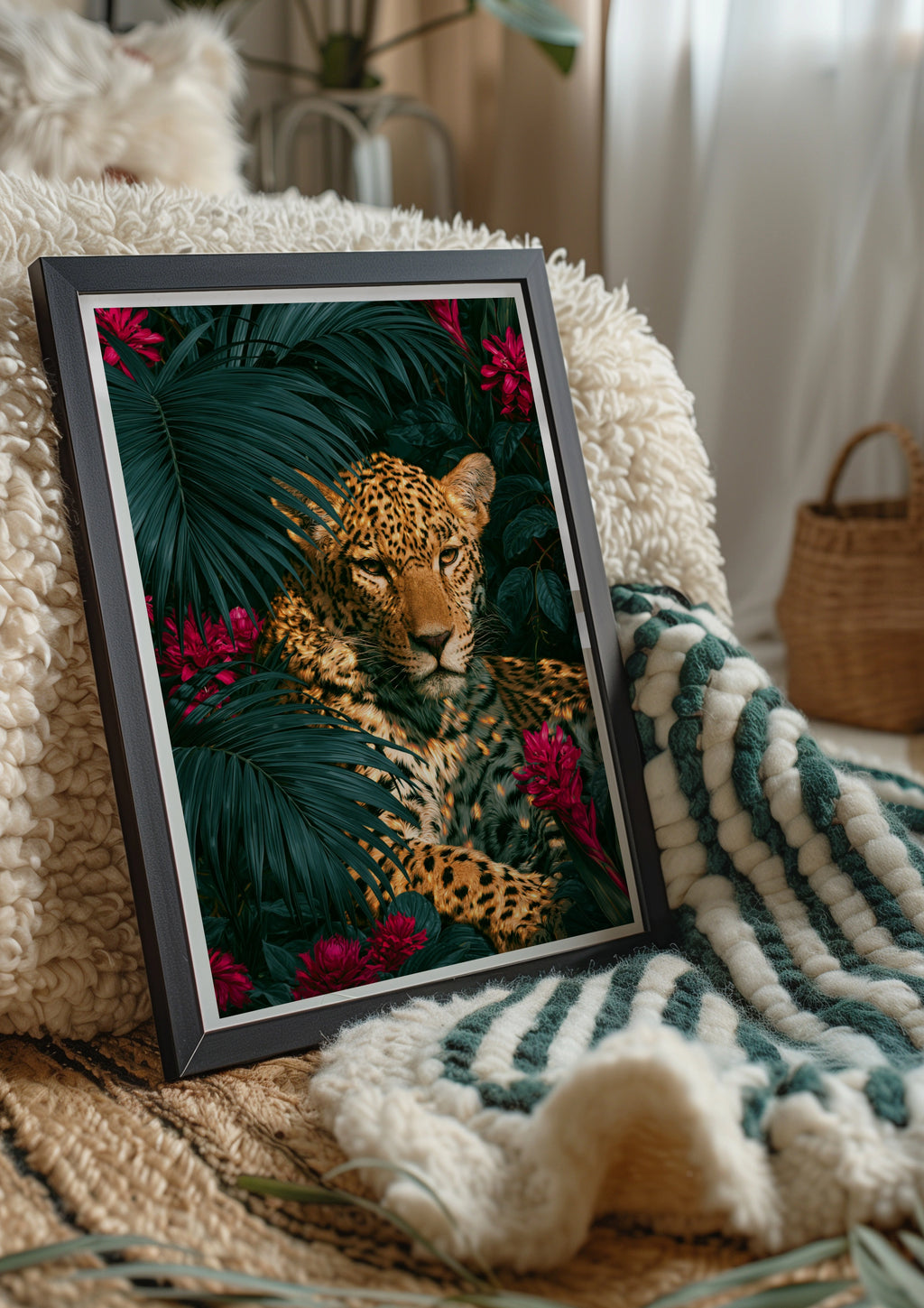 Jaguar Red Flowers Tropical Poster, Wild Cat Palm Leaves Wall Art Print