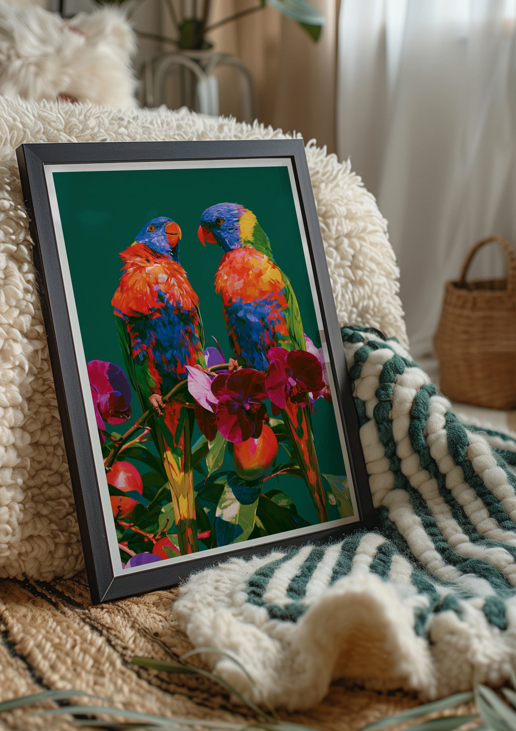Rainbow Lorikeet Parrots Orchids Poster, Tropical Bird Wall Art Print