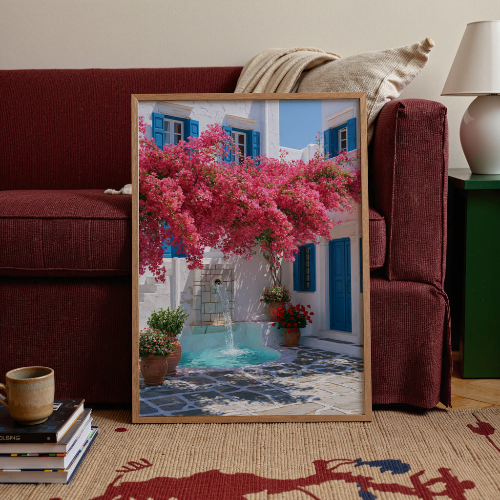 Greek Courtyard Fountain Bougainvillea Poster, Mediterranean Wall Art Print