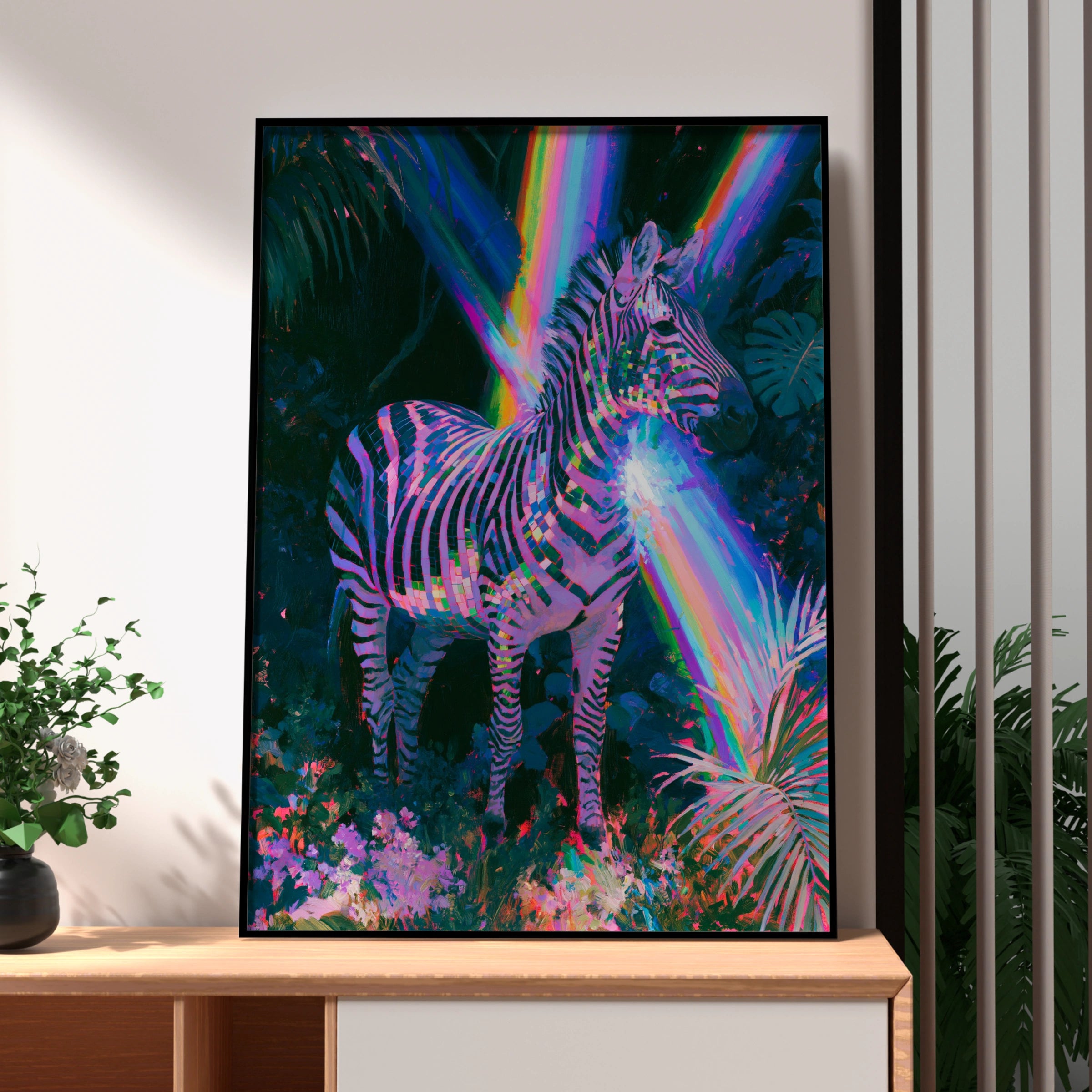 Rainbow Zebra Poster, Colourful Jungle Animal Wall Art, Psychedelic Print