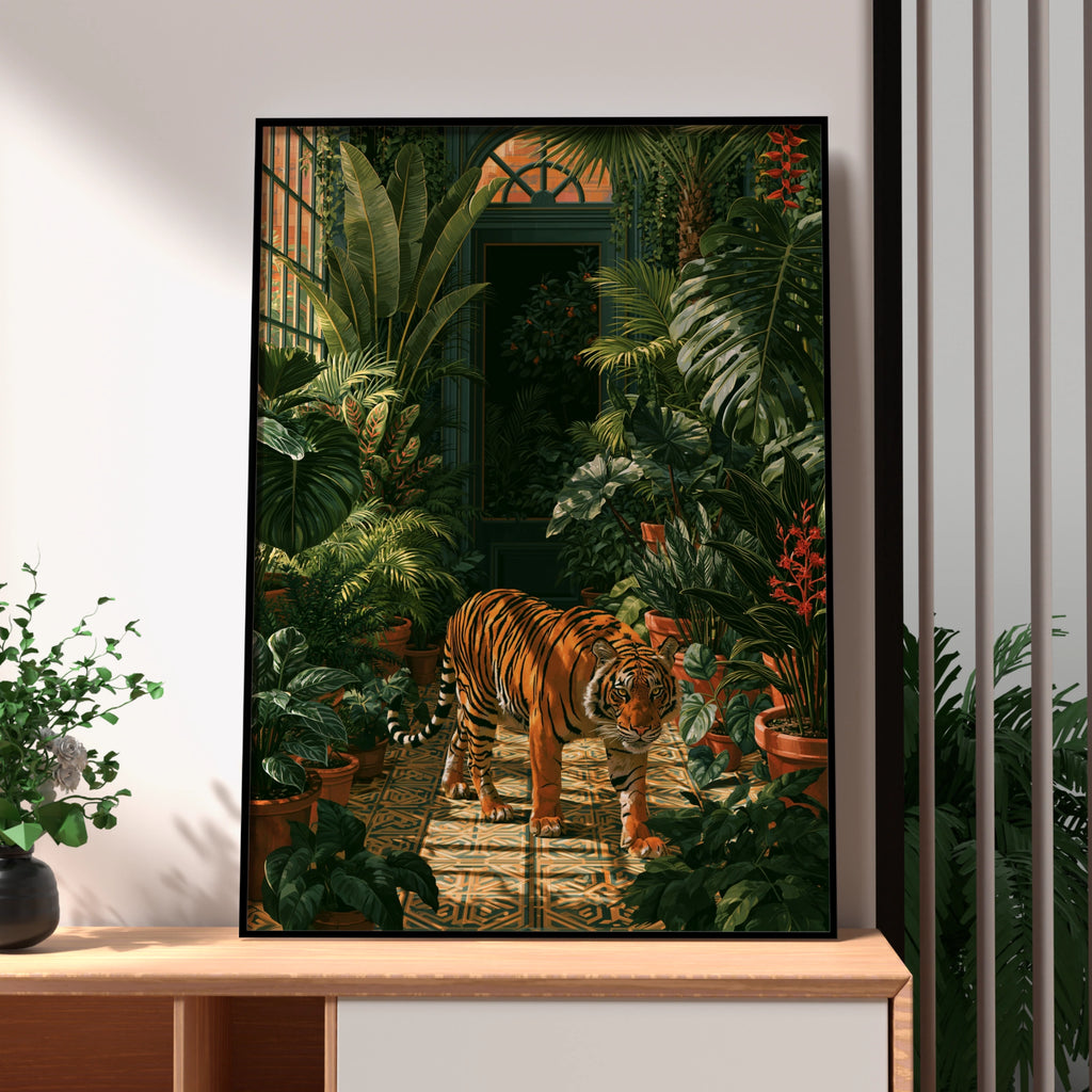 Tiger in Greenhouse Poster, Tropical Botanical Wall Art, Jungle Print