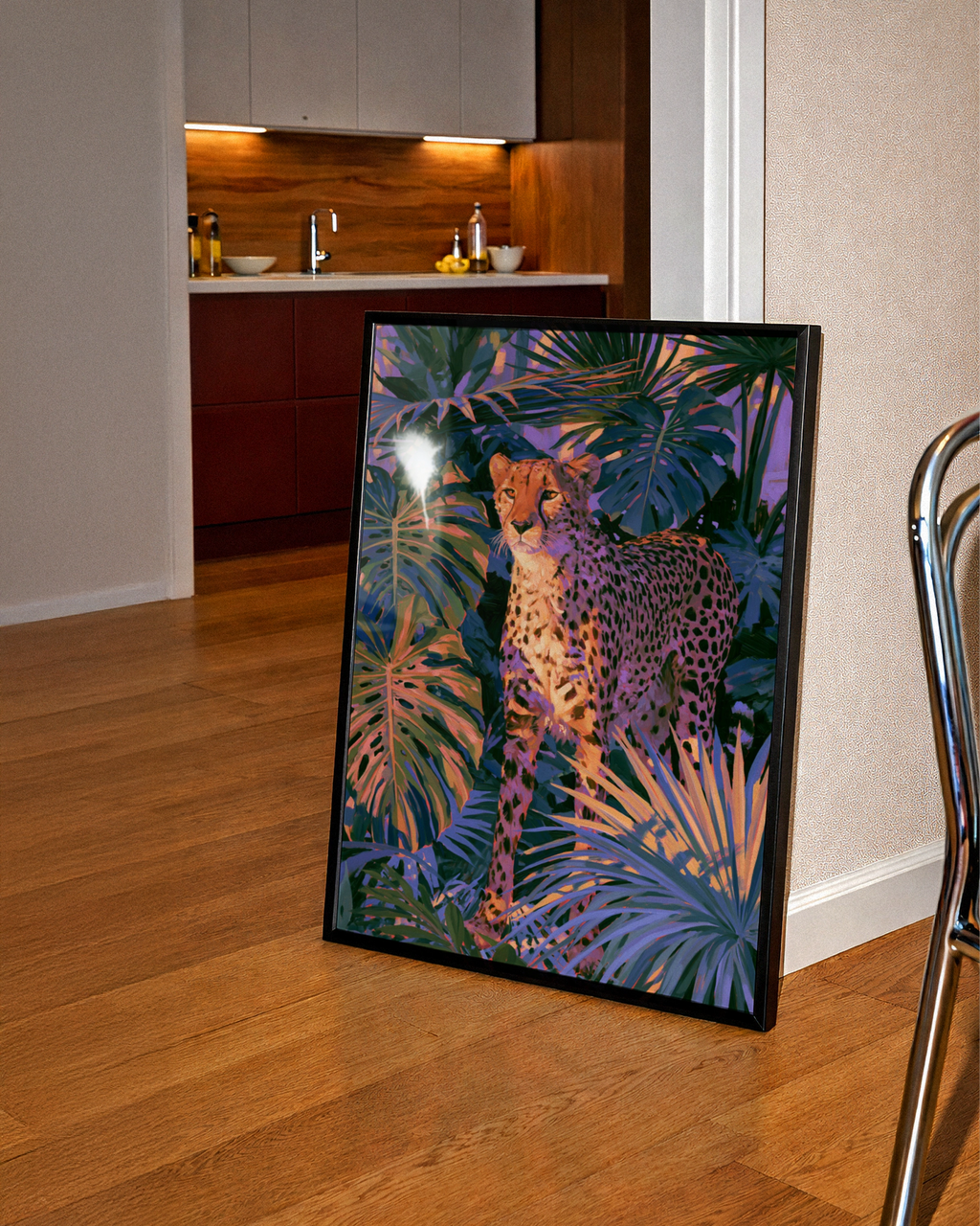Cheetah Sunset Tropical Plants Poster, Bold Jungle Wildlife Wall Art Print