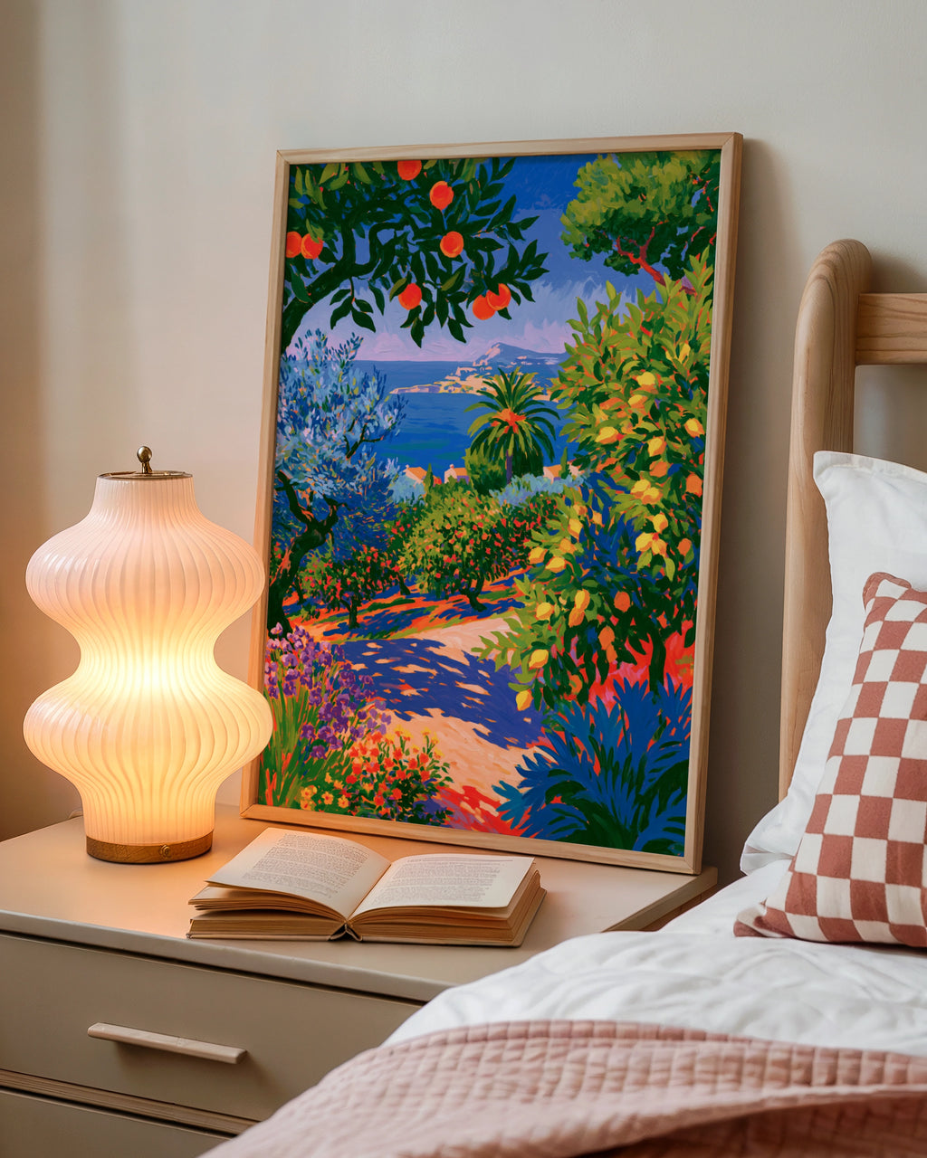 Mediterranean Garden Path Poster, Orange Lemon Trees, Coastal Wall Art Print