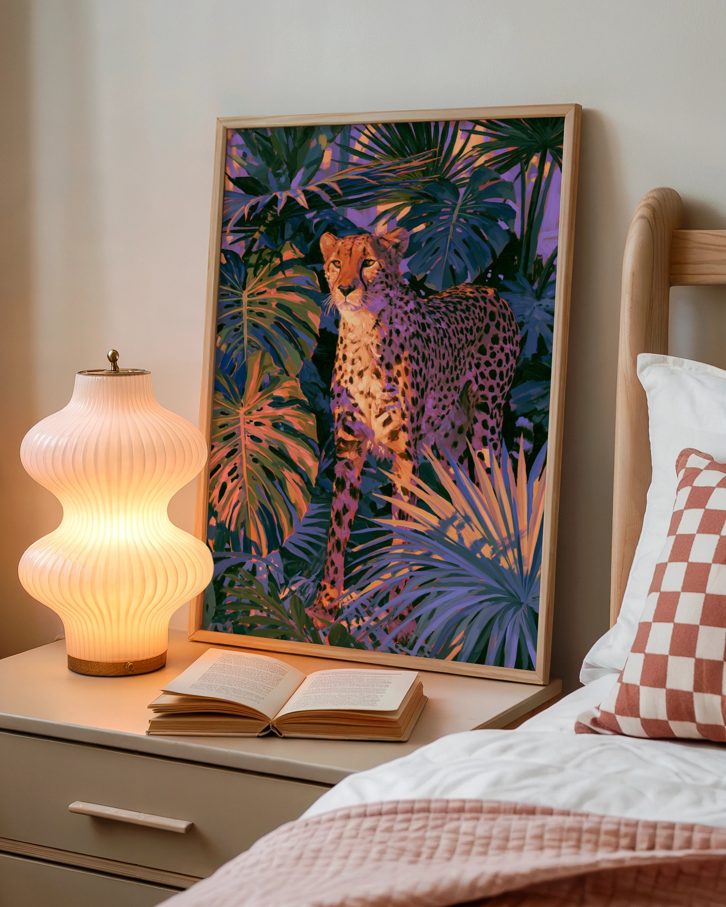 Cheetah Sunset Tropical Plants Poster, Bold Jungle Wildlife Wall Art Print