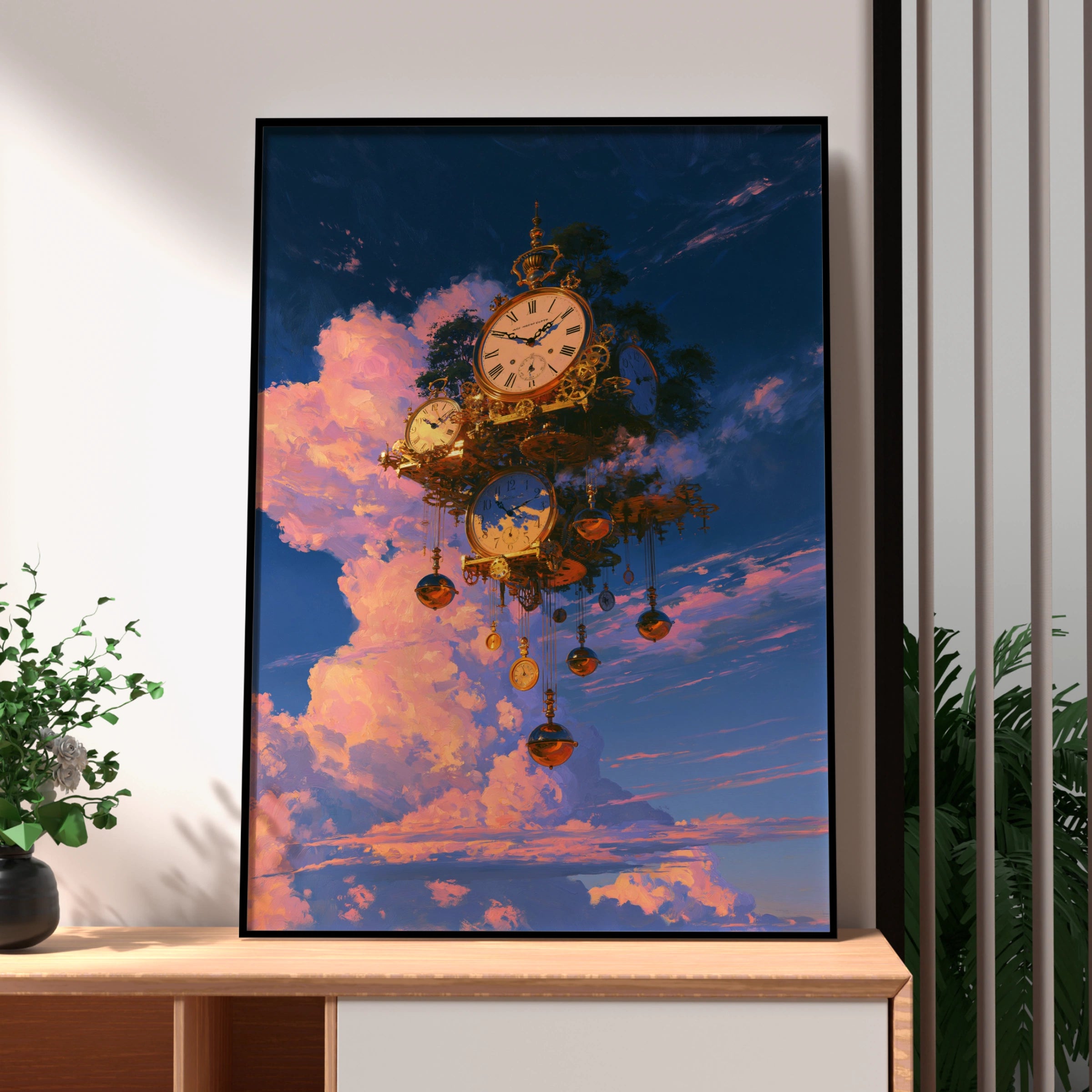 Floating Clock Sky Fantasy Poster, Steampunk Surreal Art Print, Gold Blue