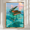 Piano in the Ocean Poster, Tropical Fish Birds Sea Art Print, Surreal