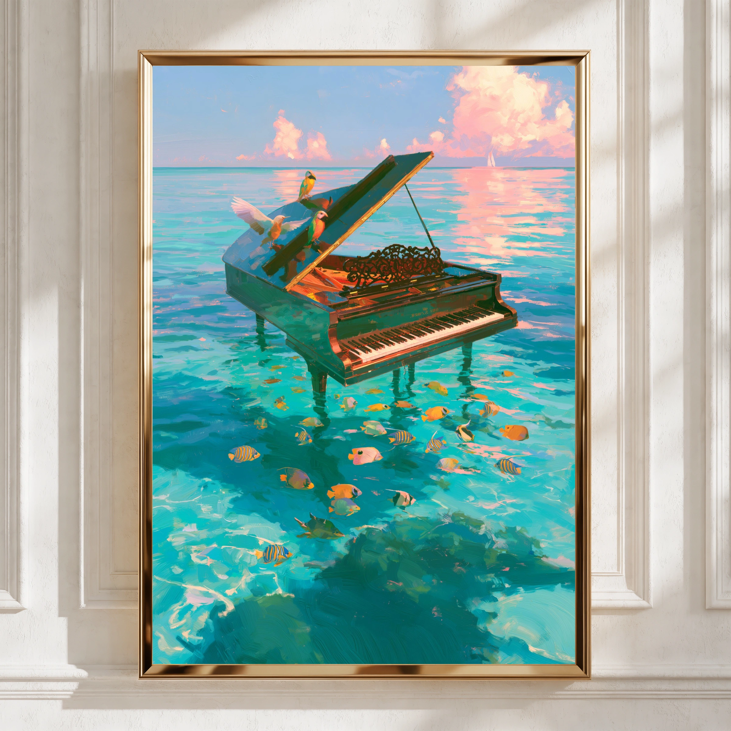 Piano in the Ocean Poster, Tropical Fish Birds Sea Art Print, Surreal