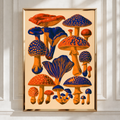 Mushroom Poster, Orange Blue Botanical Wall Art, Retro Fungi Print