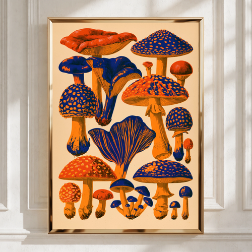 Mushroom Poster, Orange Blue Botanical Wall Art, Retro Fungi Print