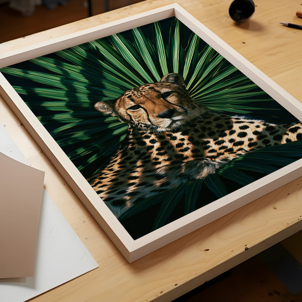 Cheetah Palm Shadow Poster, Tropical Wildlife Wall Art, Dark Botanical Print