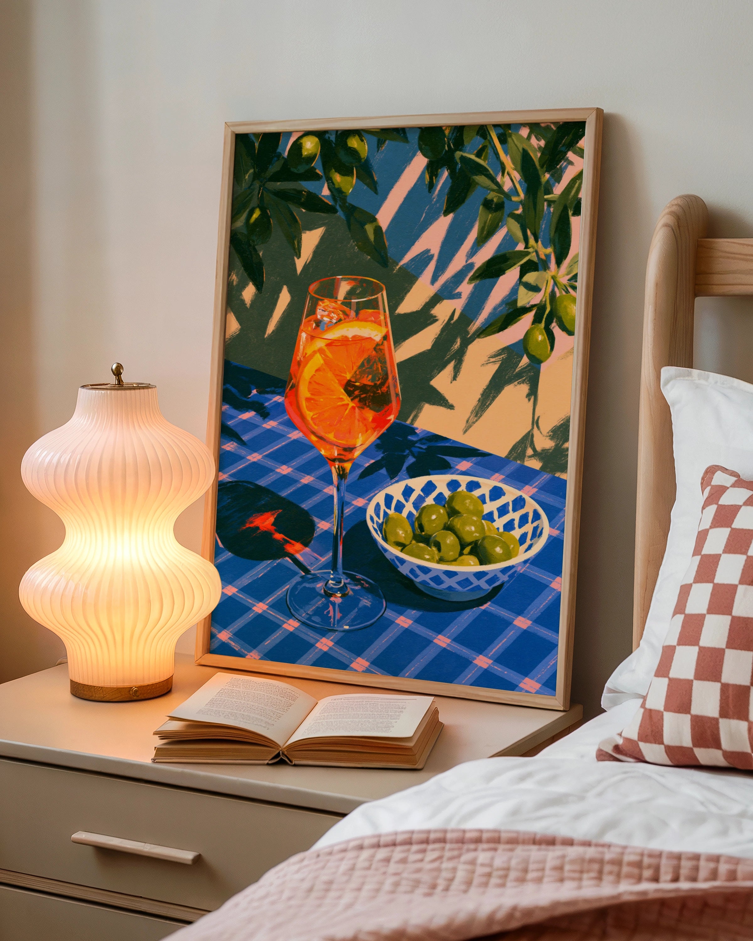 Spritz & Olives Poster, Italian Summer Cocktail Wall Art, Blue Bold Print