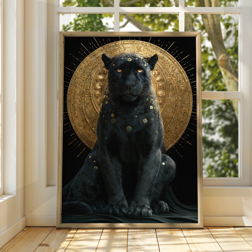 Black Panther Gold Halo Wall Art Poster, Mystical Big Cat Print