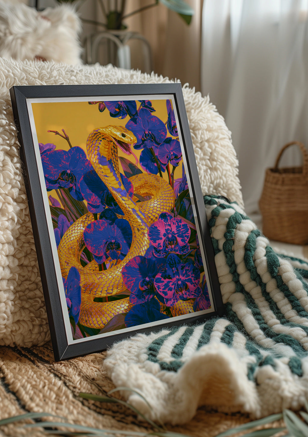 Gold Cobra Snake Orchid Flowers Poster, Bold Purple Yellow Wall Art Print