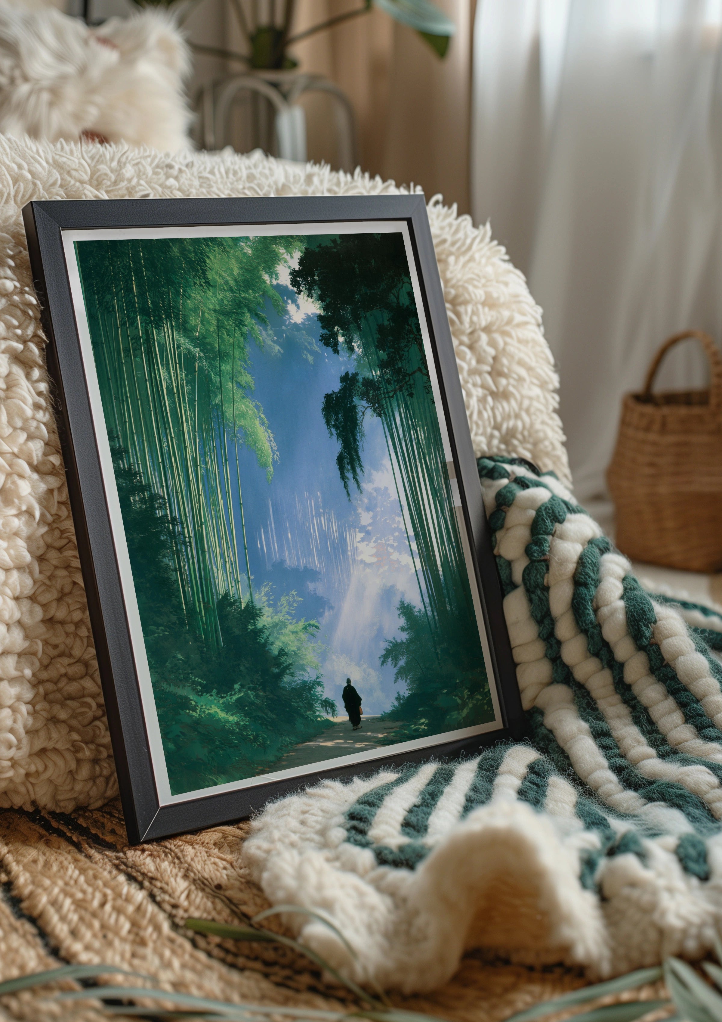 Bamboo Forest Monk Poster, Japanese Path Wall Art, Zen Minimalist Print