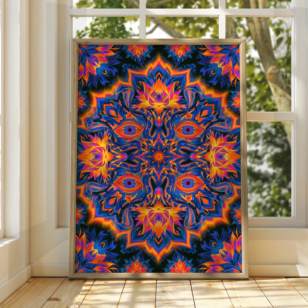 Mystical Eye Mandala Poster, Psychedelic Snake Lotus Wall Art Print