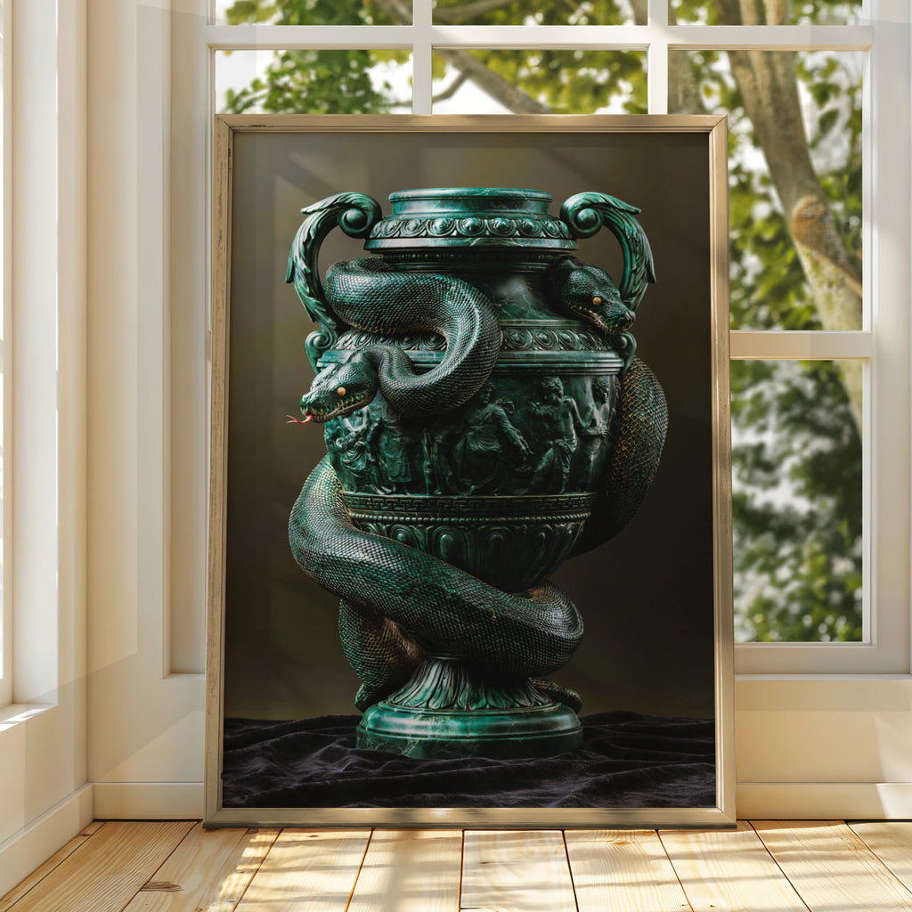 Snake Vase Green Marble Poster, Classical Urn Art Print, Dark Maximalist