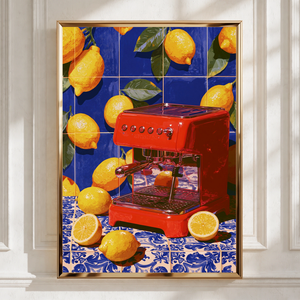 Red Espresso Machine Lemon Tiles Wall Art Poster, Mediterranean Kitchen Print