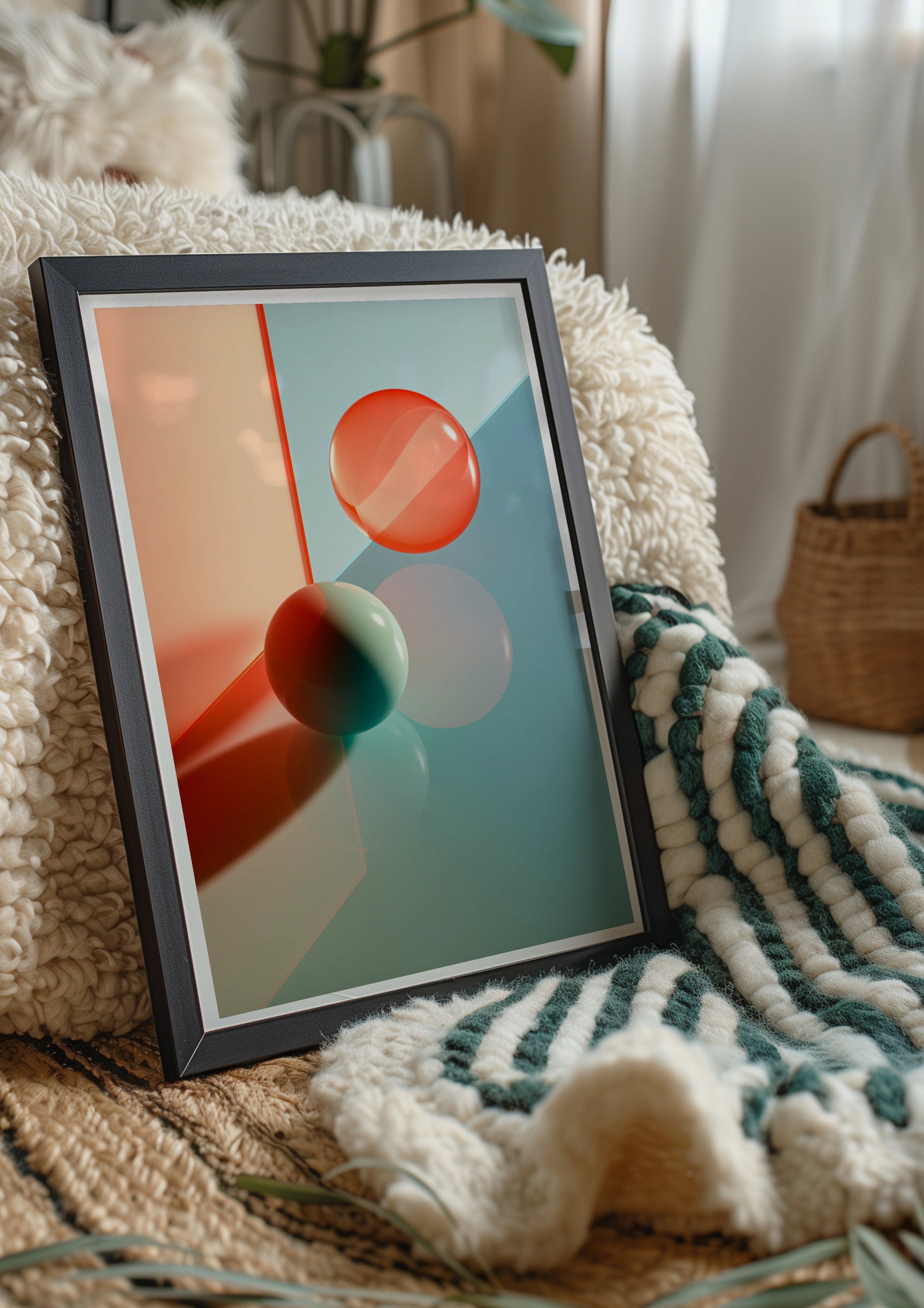 Abstract 3D Shapes Poster, Coral Teal Geometric Spheres, Modern Wall Art Print