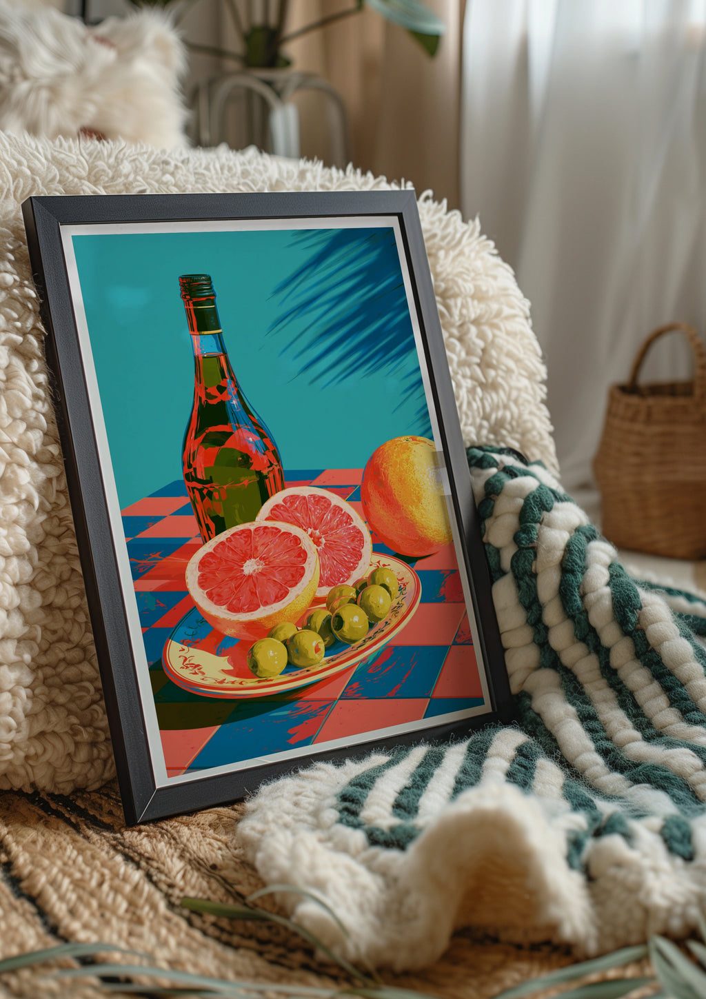 Orange Olive Oil Lemon Still Life Poster, Bold Retro Kitchen Wall Art Print